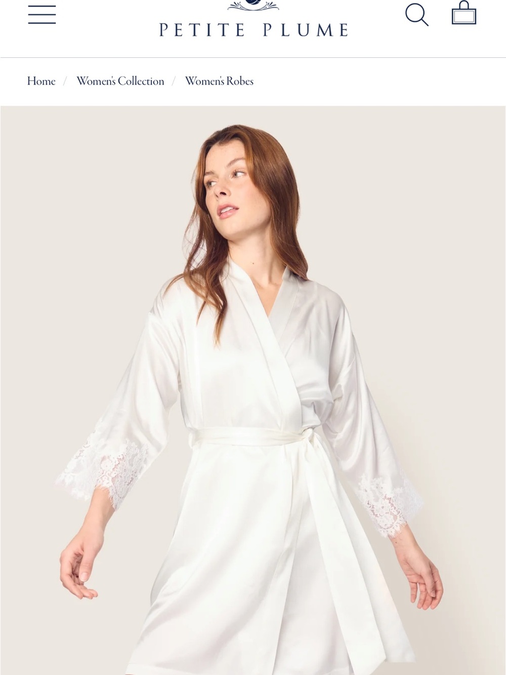Petite Plume Women's Satin Lace-Trim Robe in White